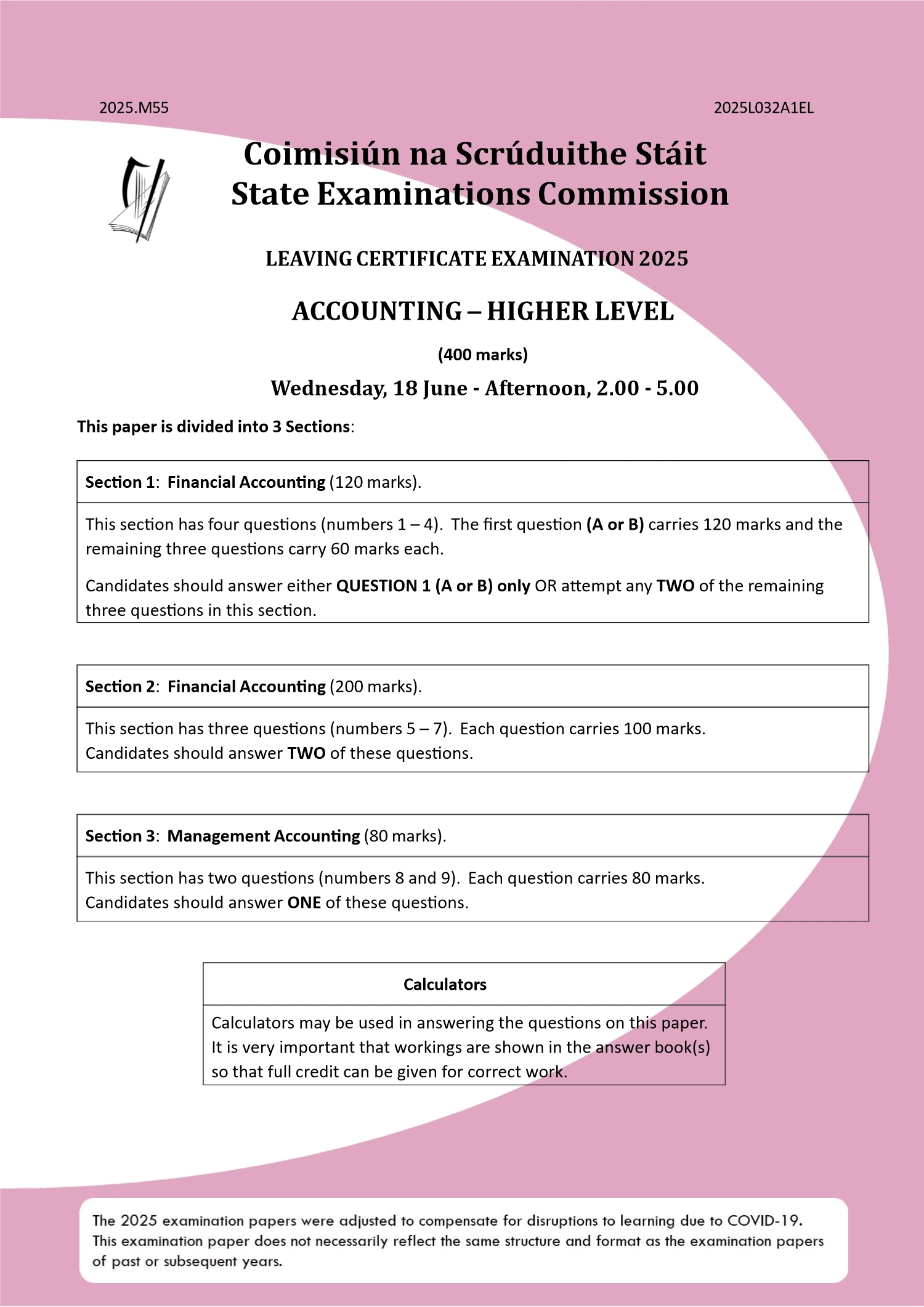2025 Leaving Certificate Accounting Higher Level paper first page
