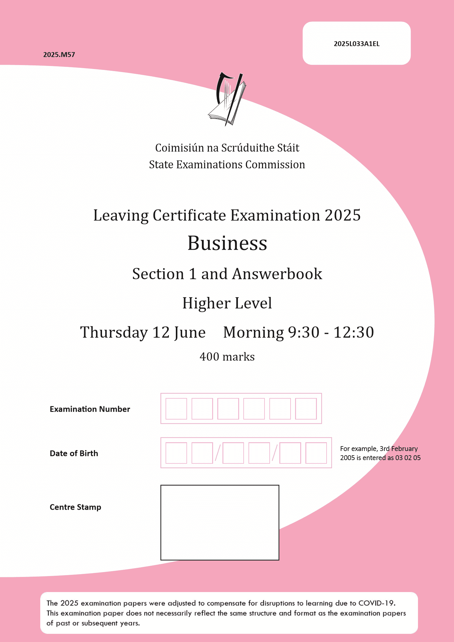 2025 Leaving Certificate Business Higher Level paper first page